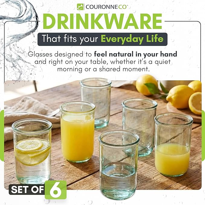 COURONNE CO. Clear Recycled Drinking Glass Tumbler, Perfect for Cocktails, Refreshments & Everyday Use, Restaurant Grade, Crafted without lead-based materials (13.5 Oz, Classico), Pack of 6