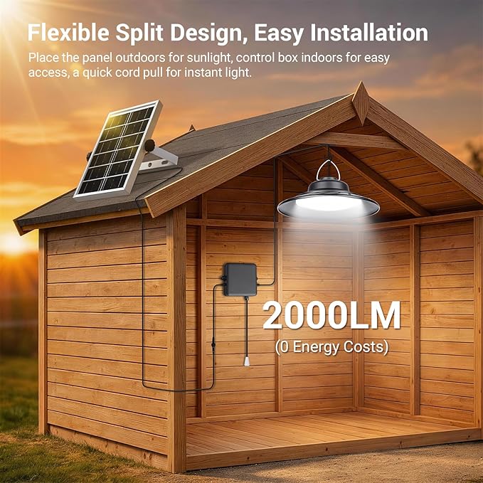 ropelux Solar Powered Shed Light Indoor Outdoor, 2000LM Daytime Available Pendant Light with Pull String, 2 Lighting Modes Solar Lights, IP65 Waterproof for Barn, Gazebo, Shop, Garage, Home (1Pack)