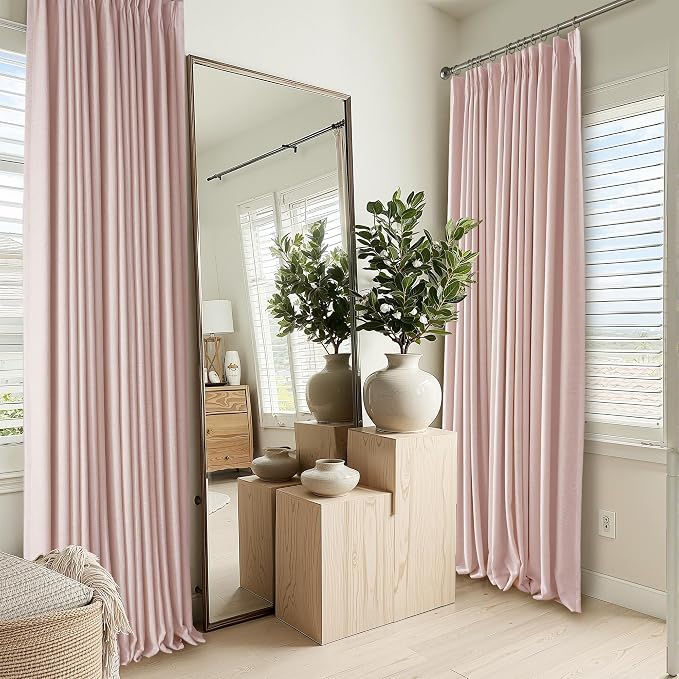 RYB HOME Natural Pinch Pleated Linen Curtains, 100% Blackout Thermal Insulated Double Layer Textured Curtains for Sliding Glass Door Picture Window, Pink, 40" W x L90 L, 2 Panels Set