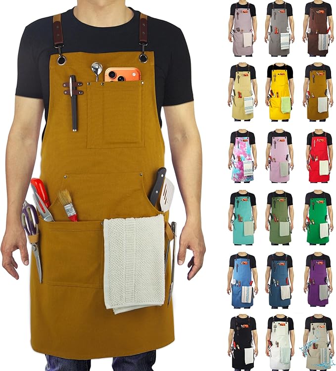 Kitchen Apron, Work Apron, Canvas, Multiple Pockets, Gardening, Painting, BBQ, Artist, Carpenter, Sizes M to XXL, Khaki