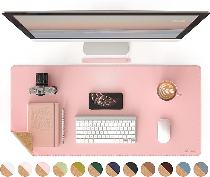 RENMTURE Dual-Sided Mouse Pad, Natural Cork & PU Leather Large Desk Pad for Office and Home Work, Desk Protector Non-Slip, Waterproof, Easy Clean (Pink, 36"x17")