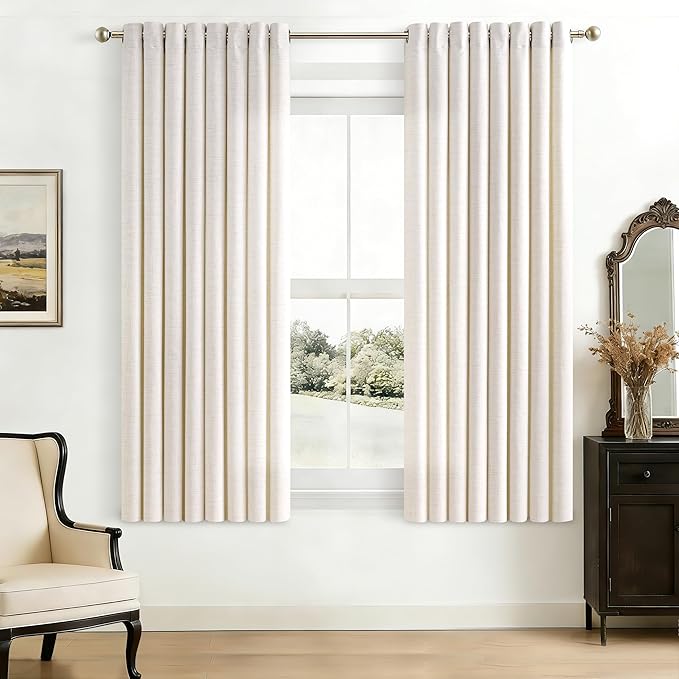 Semi Sheer Natural Linen Curtains 63 Inch Length 2 Panels Set Ivory Cream Colored Light Filtering Bronze Grommet Drapes Flax Linen Privacy Boho Farmhouse Curtain for Kitchen 52x63