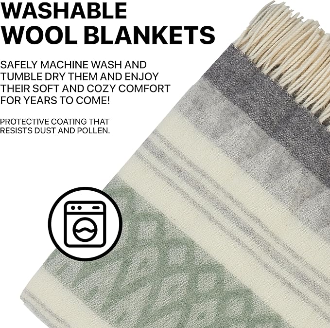 | Wool Blanket/Throw | 100% New Zealand Wool | Perfect for Home and Outdoors | Virgin Wool Throw with Fringes 67"x79" (170 x 200 cm)