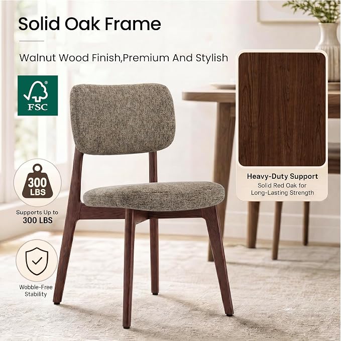 COLAMY Dining Chairs Set of 4, Modern Upholstered Kitchen Room Chairs with Solid Red Oak Wood Legs, 5-Min Easy Assembly Anti-Wobble, High-Weight Fabric Farmhouse Side Chair, 300lbs,Walnut,Brown