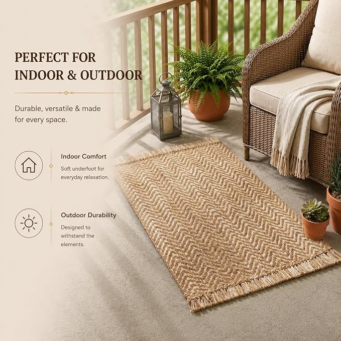 Chevron Weave with Fringes Woven Area Rug 2x3 Ft - Beige, Small Soft Decorative Reversible Front Door Mats Ideal for Entryway, Kitchen, Nursery, Office | Farmhouse Brown Accent Indoor Space Decor Mat