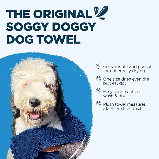 Soggy Doggy Super Shammy Dog Towel – Absorbent Microfiber Chenille Pet Towel for Drying Wet Dogs, Muddy Paws, Quick Dry Dog Shammy with Hand Pockets, Machine Washable – Navy Blue, 31” x 14”