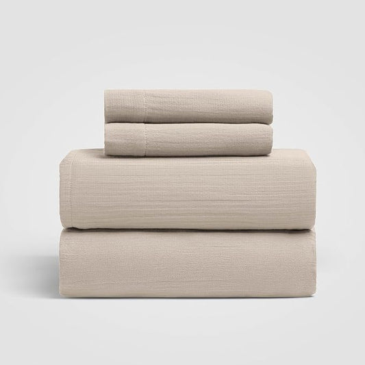 Calm King Sheet Set, Light Grey 100% Cotton Gauze 4-Pc. Sheet Set, Oeko-TEX Certified King Sheets, with Flat Sheet, Fitted Sheet and 2 Pillowcases, Earth Tone Bedding