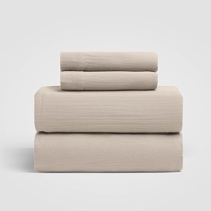 Calm Full Sheet Set, Light Grey 100% Cotton Gauze 4-Pc. Sheet Set, Oeko-TEX Certified Full Sheets, with Flat Sheet, Fitted Sheet and 2 Pillowcases, Earth Tone Bedding