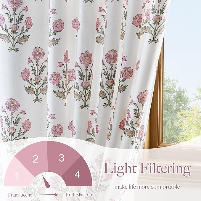 NICETOWN Floral Linen Curtains 84 inches Long Pink Pattern Printed for Girls Bedroom Nursery, Boho Farmhouse Window Sheer Curtain Drapes Aesthetic Light Filtering Privacy 2 Panel Sets, 55" W