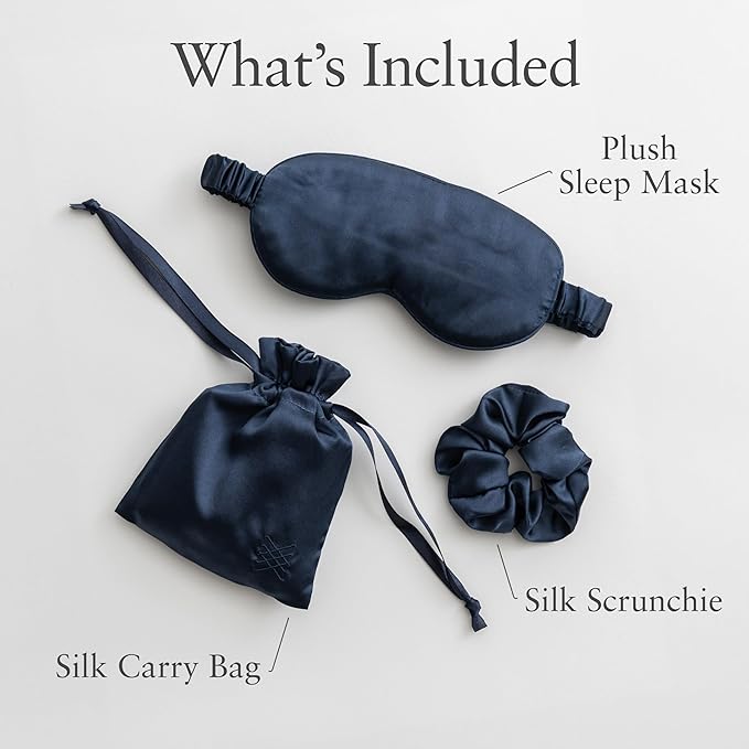 Zestt Organics Silk Sleep Mask Set, 100% Mulberry Silk Eye Mask for Women with Hair Scrunchie & Matching Carry Bag (Navy)