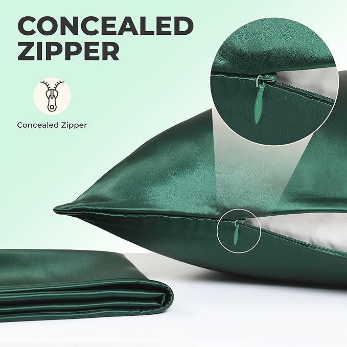 100% Pure Mulberry Silk Pillowcase for Hair and Skin, 6A Grade 22 Momme Silk Pillow Cases with Zipper, Soft Cooling Washable Both Sided Silk Pillow Cover (Dark Green, Standard 20''x26’’)