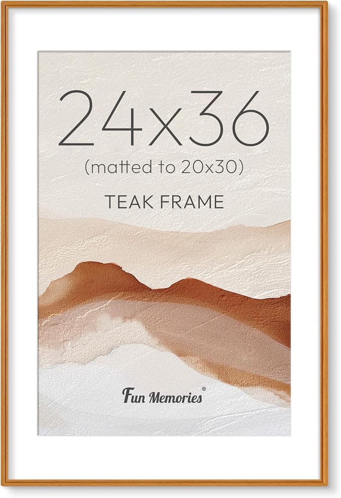 24x36 Picture Frame with Mat for 20x30, USA-Sourced Teak Wood Handcrafted Rounded Corner with HD Tempered Glass, 24 x 36 Gallery Wall Frames for Posters & Art Prints, Vertically or Horizontally