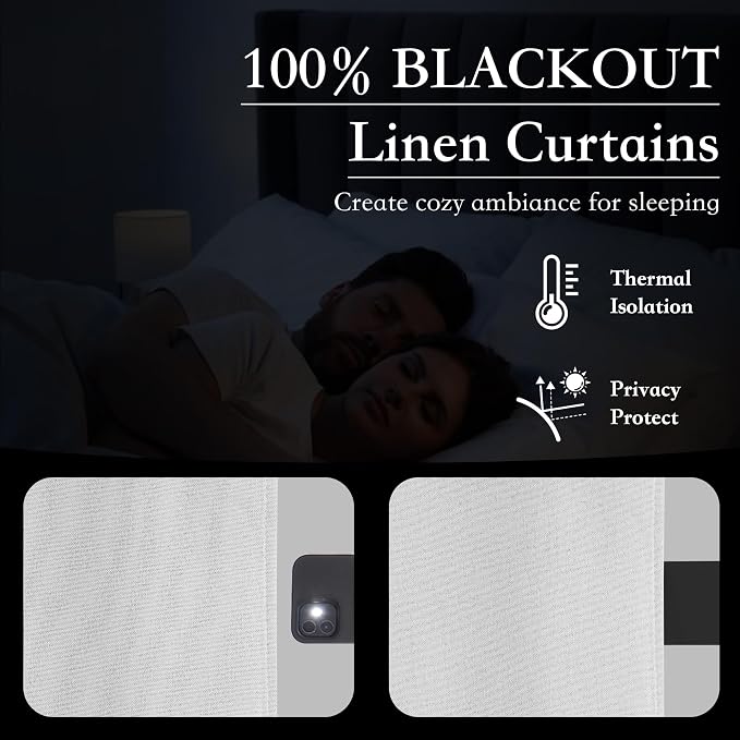 RYB HOME 100% Blackout Flax Linen Curtains 90 inches Long, Rod Pocket & Back Tab Light Block and Thermal Isolated Drapes, Suitable for Living Room & Nursery, Set of 2, W52 x L90, Greyish White