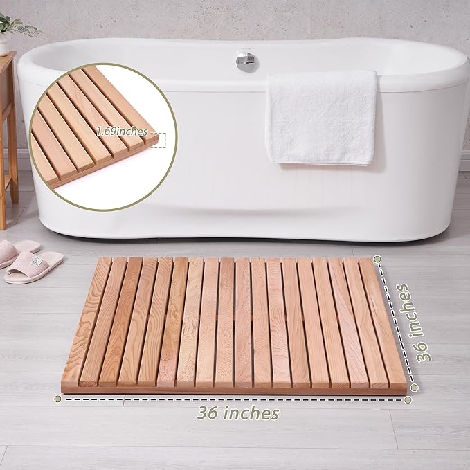 bingaai Cedar Wood Shower Mat 36" × 36" Square, Cedar Wooden Bath Mats, Wood Bath Mat for Inside or Outside Shower, Cedar Sauna Floor Mat Large,Non-Slip Shower Platform