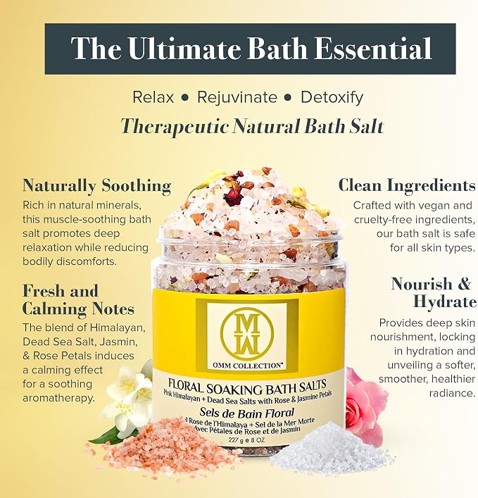 OMM Collection Natural Floral Soaking Bath Salt - Detox Body & Foot Soak - Bath Salt with Rose & Jasmine Petals - Pink Himalayan & Dead Sea Salt Flakes - Relaxing Bath Soak (Jasmin Rose)