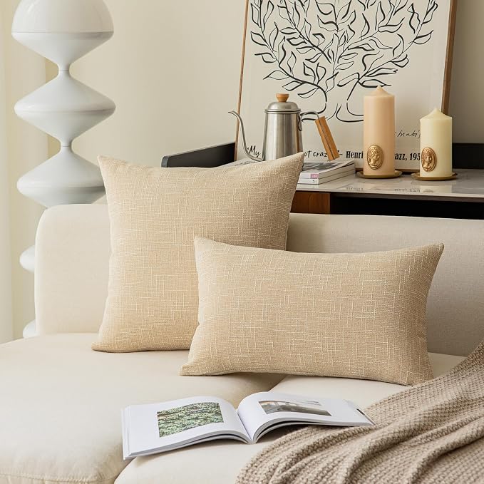 Kevin Textile Textural Faux Linen Throw Cushion Pillow Covers Shams for Couch, Invisible Zipper, 55x55CM (Set of 2, Cream Beige)