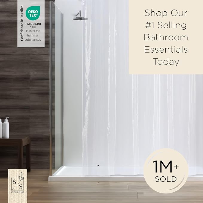 Stitch & Stone Shower Curtain Liner, Premium Medium Weight Durable Waterproof 6g PEVA for Bathroom with Weighted Magnets, Extra Long 72" x 78", Clear 1 Pack