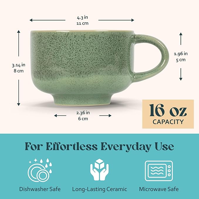 NOVA CERAMICS Ceramic Coffee Mug - 16 oz Coffee Cups with Handle - Large Mug, Coffee Cup & Tea Cup - Microwave & Dishwasher Safe - Gifts For Women Men Him Her - 16oz - Emerald