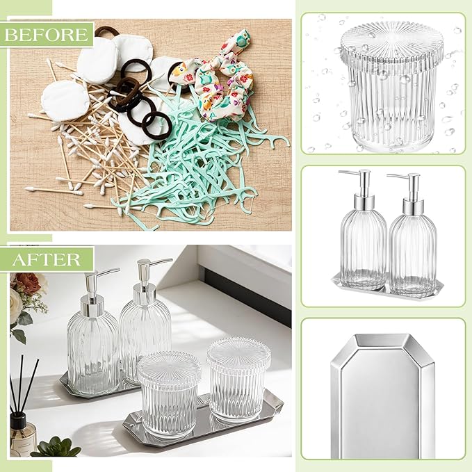 Yaomiao 7 Pack Clear Glass Bathroom Accessories Set, 2 Pcs Cotton Swabs Jar with Lids, 2 Pcs 18 oz Soap Dispenser with Pump and 2 Trays and Labels for Bathroom Kitchen Counter Organizer Vintage Gift