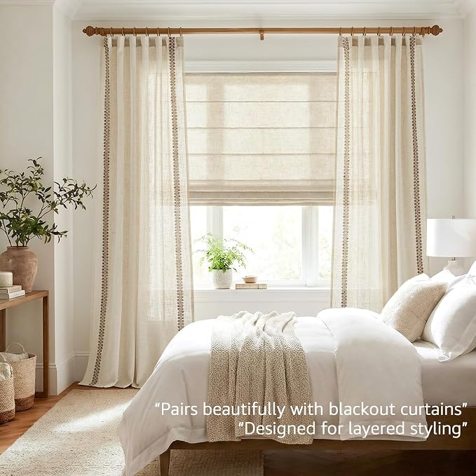 jinchan Beige Linen Blend Curtains with Woven Trim Boho Curtains 108 Inches Extra Long 2 Panels Living Room Bedroom Light Filtering 50 Inches Wide Rustic Farmhouse Drapes Rod Pocket Back Tab Ecru