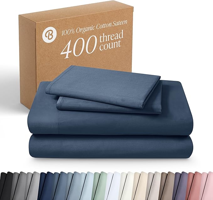 Bare Home 100% Organic Cotton Queen Sheet Set - 400 Thread Count - Smooth Sateen Weave - Breathable & Cooling - Hotel Luxury Set - Deep Pocket Bed Sheets (Queen, Bering Sea)