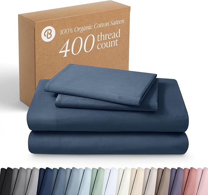 Bare Home 100% Organic Cotton Full Sheet Set - 400 Thread Count - Smooth Sateen Weave - Breathable & Cooling - Hotel Luxury Set - Deep Pocket Bed Sheets (Full, Bering Sea)