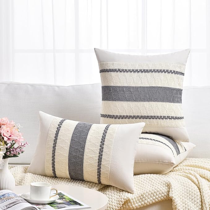 Fancy Homi Set of 2 Neutral Grey Farmhouse Long Lumbar Decorative Throw Pillow Covers 12x24 Inch for Couch Bed Chair, Vintage Country Rustic Retro Room Decor, Soft Thick Cotton Rectangle Cushion Case