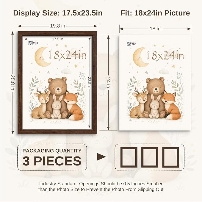 VCK 18x24 Poster Frame 3 Pack - Brown Solid Wood Picture Frames with Exclusive Wood Grain, Wall Hanging
