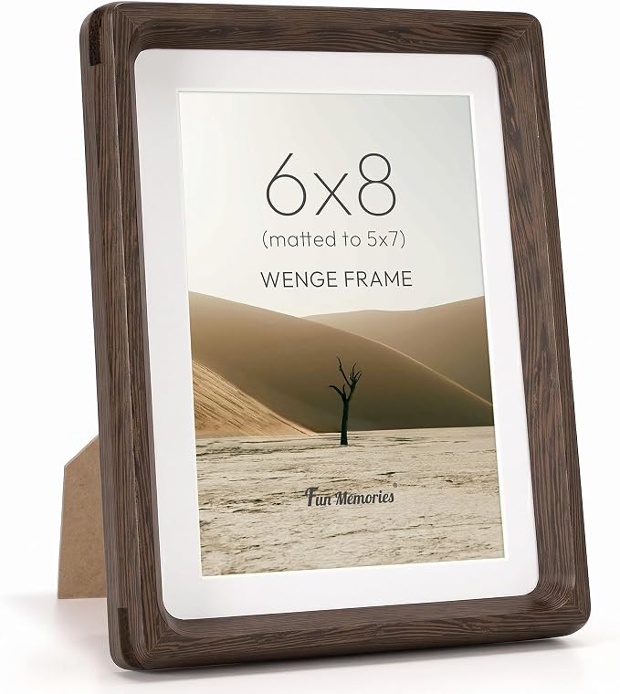 Fun Memories 6x8 Picture Frame, Natural Wenge Wood Photo Frames with HD Tempered Glass, Handcrafted Rounded Corner 6 x 8 Wooden Frames Matted to 5x7 Photos, 6x8 Frame, Tabletop or Wall Display