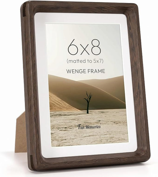 Fun Memories 6x8 Picture Frame, Natural Wenge Wood Photo Frames with HD Tempered Glass, Handcrafted Rounded Corner 6 x 8 Wooden Frames Matted to 5x7 Photos, 6x8 Frame, Tabletop or Wall Display