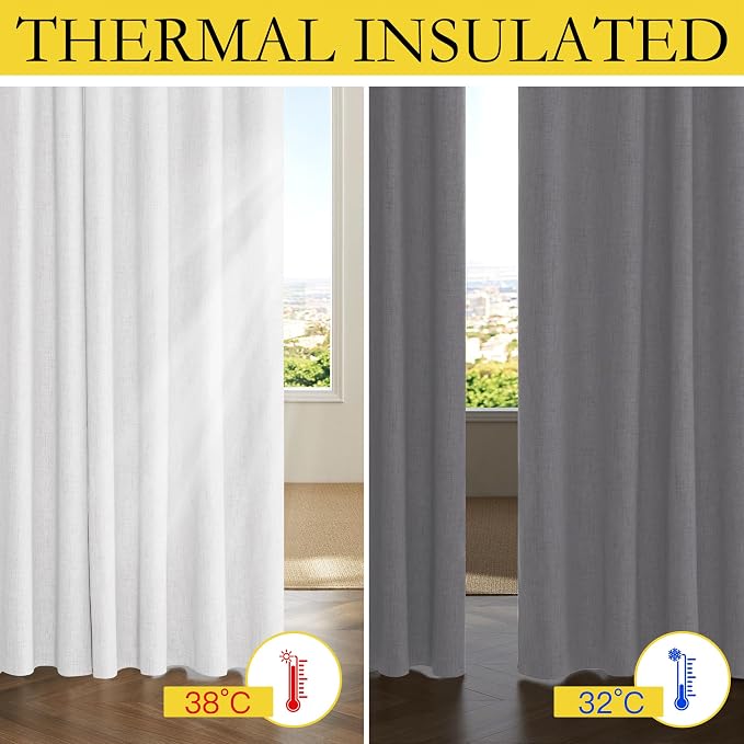 NICETOWN 100% Black Out Curtains 72 inch Long, Linen Blend Insulated Rod Pocket & Back Tab Full Light Blocking Draperies with Gray Liner for Night Shift Workers (1 Pair, 52 by 72-inch, Greyish White)