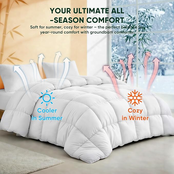 Cooling All-Season Down Alternative Comforter, Silver-Treated Lightweight Duvet Insert, Cool-to-The-Touch Bedding, 100% Bamboo Viscose Outer Cover - White, Caking