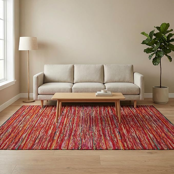 Cotton Chindi Rag Area Rug 8x10 Feet - Multi, Handwoven Boho Farmhouse Floor Rug, Reversible Multi-Color Woven Carpet for Living Room, Bedroom, Dining Room, Office | Large Home Décor Patio Mat