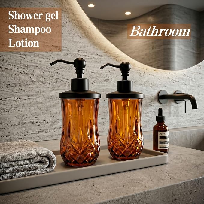 2 Pack 9 Oz Glass Soap Dispenser with Matte Black Zinc Alloy Pump, Amber Round Textured Refillable Hand Soap Dispenser for Lotion, Hand Soap, Body Wash, Kitchen & Bathroom Countertop Decor