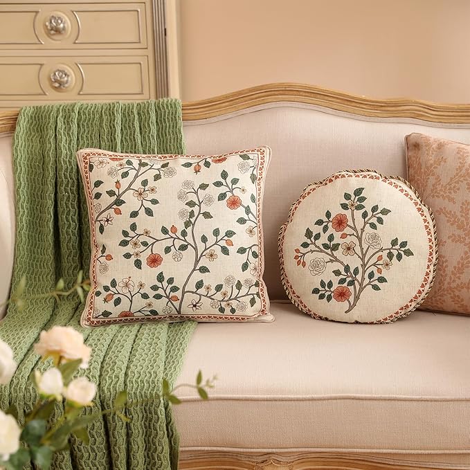 ISAENNE Design Linen Classic Throw Pillow Covers 18"x18" Pack of 2, French Farmhouse Square Cushion Covers with Orange White Floral Pattern Decoration Pillowcases for Bed,Living Room,Outdoor,Car
