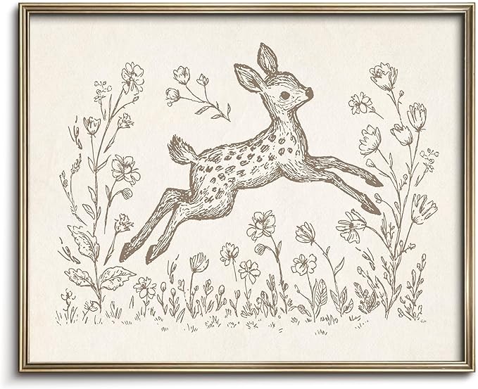 Vodefoad Fawn Sketch Vintage Wall Art Retro Nursery Jump Fawn Art Print Neutral Cottagecore Nursery Decor Farmhouse Rustic Deer Wall Decor for Gallery Nursery Bedroom Bathroom Office - 8x10Inch Unframe