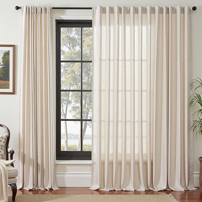 jinchan Extra Wide Sliding Door Curtain 108 Inch Length Beige Linen Curtains Semi Sheer Drapes for Patio Door Living Room Bedroom Floor to Ceiling Light Filtering Drapes 100 Inches Wide 1 Panel