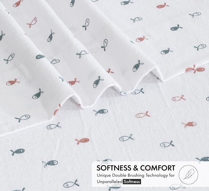 RUVANTI Flannel Sheets Twin XL Size - 100% Cotton Double Brushed Twin XL Sheet Sets, Deep Pockets 16 Inches, All Seasons Breathable & Extra Soft Bed Sheets, Warm & Cozy, 3 Piece, Little Swimmers