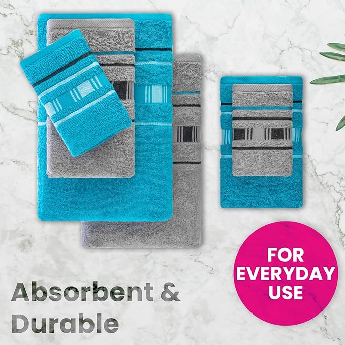 CASA COPENHAGEN X Line 6Pcs 100% Egyptian Cotton Large Designer Towels Gift Set- Silver Grey - Teal, 600 GSM, 2Bath 2Hand 2Washcloths, Bath Towels for Bathroom (Gift Set for Women & Men)