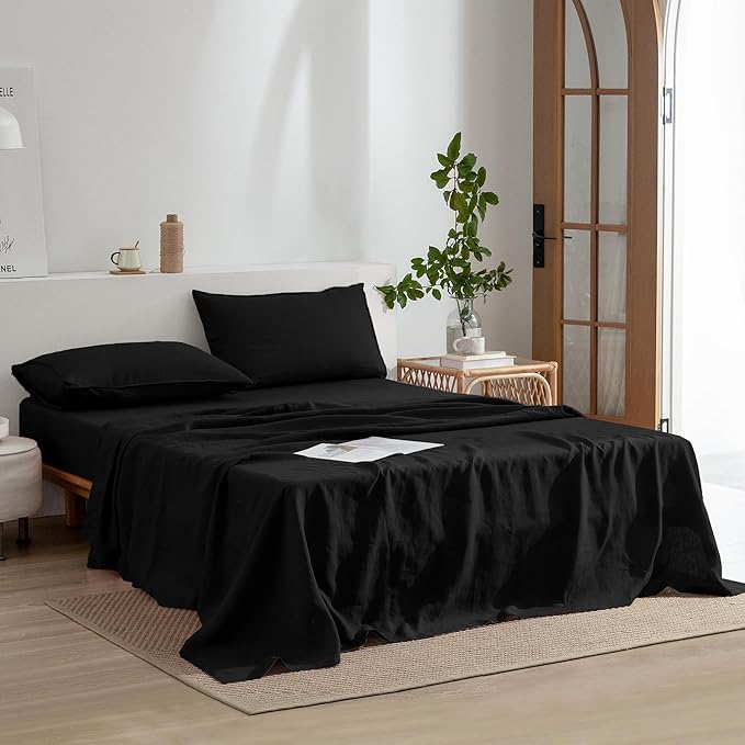 EVERLY Linen Sheets Set California King Size,100% French Washed Pure Linen Sheets Set,4Pieces(1Flat Sheet,1Fitted Sheet,2Pillowcase) Suitable for Hot Sleepers,Deep Pocket Natural Bedding Set-Black