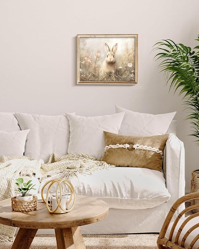 Vodefoad Easter Bunny Vintage Print, Rabbit in Spring Landscape Painting, Funny Rustic Summer Decor, Hare Nursery Wall Art Printable, Neutral Moody Meadow Oil Painting Vintage Art Pictures for Bedroom Bathroom Decor - 8x10Inch Unframe