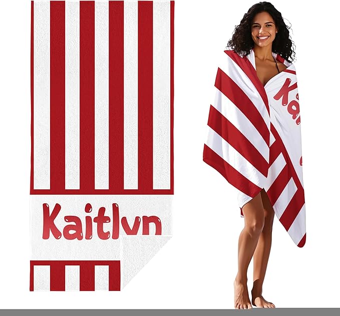 JML Personalized Beach Towel with Name, Custom Cabana Stripe Beach Towel, Customized Microfiber Pool Towel, Quick Dry & Absorbent Swim Towel for Adult,Anniversary, Birthday, Summer Holiday,Vacation