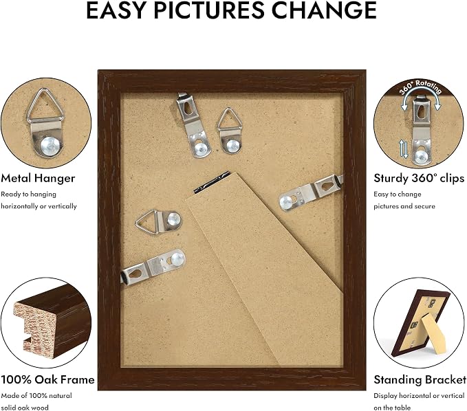 Hongkee 4x5 Oak Wood Picture Frame (1 Pack, Walnut) with Real Glass Cover | Solid Wood 4 x 5 Small Frame for Wall or Tabletop Display - Includes Easel Back, Vertical Hang - Ideal for Home, Office