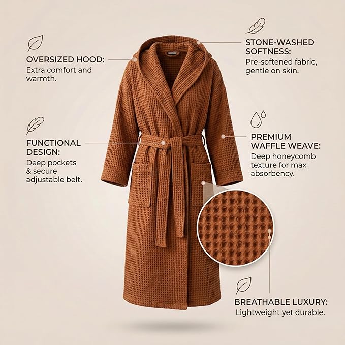 Magic Linen - Unisex Waffle Bathrobe, Hooded Linen-cotton Blend Bath Robe, Lightweight Robe for Women and Men