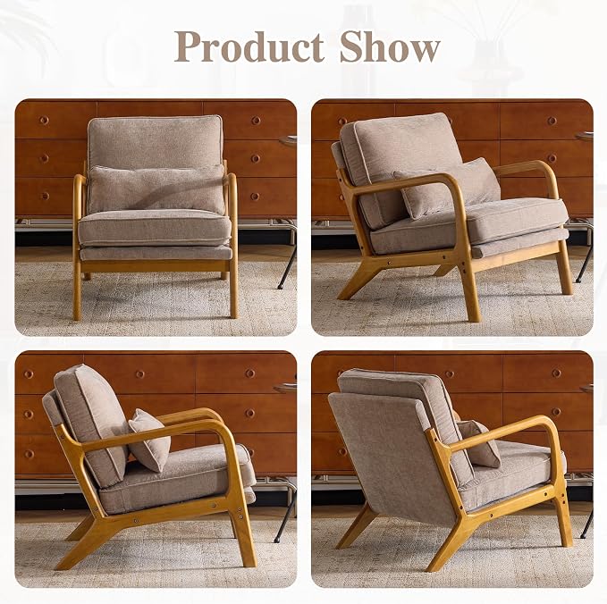 Karl home Mid-Century Modern Accent Reading Chair, Khaki | Chenille Upholstered, Solid Wood Frame, Soft Cushion, Lumbar Pillow, Lounge Armchair for Living Room, Bedroom, Balcony, Study