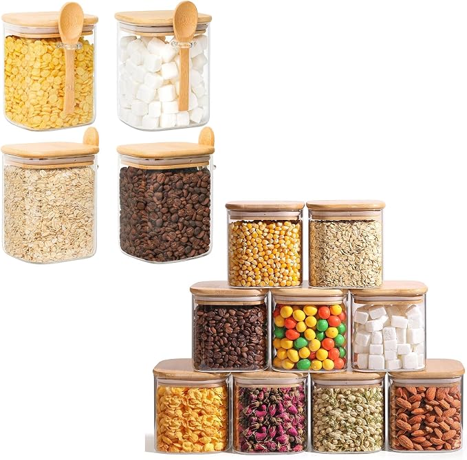 ComSaf 27oz&24oz Set of 13 Glass Storage Containers with Lids, Glass Jars with Bamboo Lids, Clear Food Storage Jar, Round Glass Canister, Pantry Organizers and Storage for Pasta Flour Coffee Bean