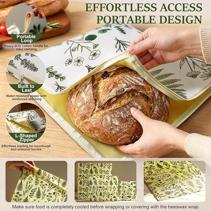 Reusable Beeswax Bread Bags & Wraps Set - 2 XL Sourdough Bags (17“x13") with Wide Zipper & Handle - 3 Beeswax Wraps for food, Cheese, Fruit, Veggie - Breathable Bread Storage, 5 Pack