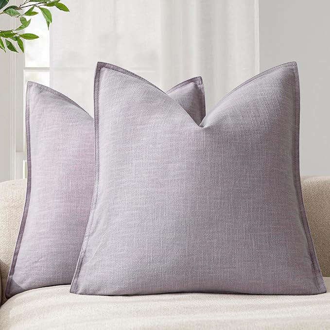 Foindtower Pack of 2, Decorative Linen Soild Throw Pillow Covers Soft Accent Euro Cushion Case Boho Farmhouse Neutral Pillowcase for Couch Sofa Bedroom Living Room Home Decor 26 x 26 Inch Light Purple