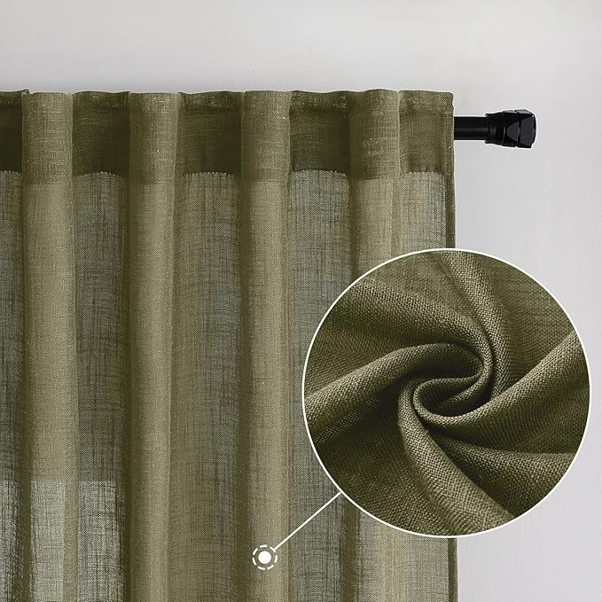 MIULEE Light Olive Green Linen Curtains 72 Inch Length 2 Panels for Bedroom Living Room, Soft Linen Textured Natural Window Drapes Semi Sheer Light Filtering Back Tab Rod Pocket Burlap Look Decor