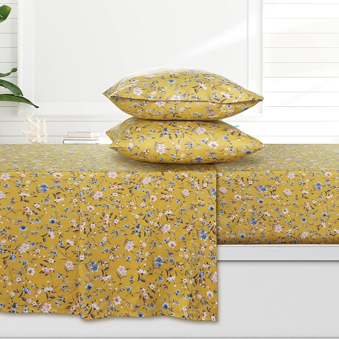 AZORES HOME Queen Organic Cotton Sateen Sheet Set - Deep Pocket, 300 Thread Count, 4-Piece Luxury Bedding, Carolina Yellow